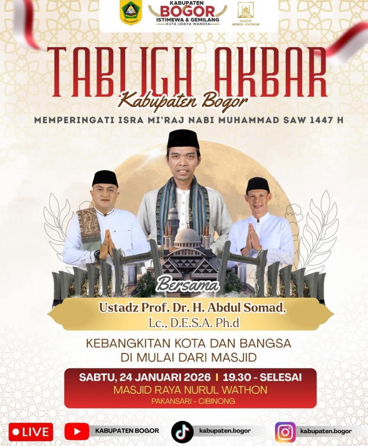 Bupati Bogor Hadirkan Ustadz Abdul Somad pada Peringatan Isra Mi’raj di Masjid Nurul Wathon